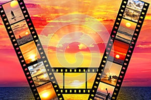 Sunsets of Mediterranean. Beautiful colorful Seascapes designed in film strips. People do sport outdoors scenes. Red sundown