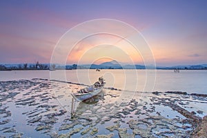 Sunsets view landscape boat at ocean