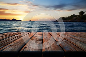 Sunsets warmth Blurry sea sunset complements an empty wooden table