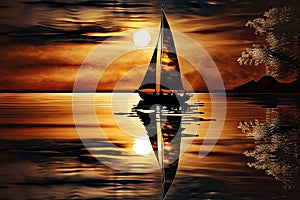 sunsetting sailboat on shimmering lake, with reflections of the sun dancing on the water