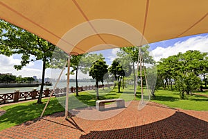 Sunshade and stone bench in gulangyu islet