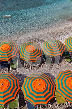 Sunshades at the beach of Monterosso, Cinque Terre, Italy
