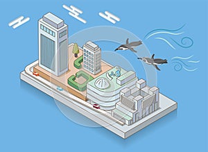 Sunshine City and flying penguins in Ikebukuro, Tokyo. Isometric Illustration