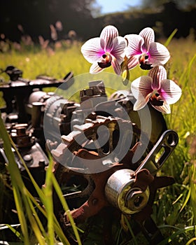 Sunshine glinting off the blades of grass contrasting with the orchid blooms that had taken refuge a the forgotten