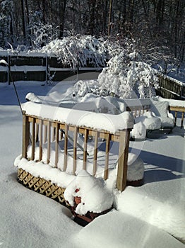 Sunshine highlights snow on backyard deck and steps.