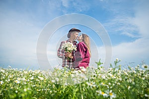 Sunshine portrait of happy couple outdoor in nature location at sunset, Warm summertime