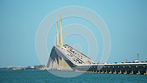 Sunshine Skyway Bridge over Tampa Bay in Florida with moving traffic. Concept of transportation infrastructure