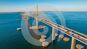 Sunshine Skyway Bridge spanning the Lower Tampa Bay and connecting Terra Ceia to St. Petersburg, Florida, USA. Day photo. Ocean or