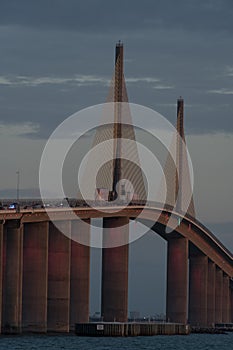 Sunshine Skyway Bridge under sunset glowing lights - 1