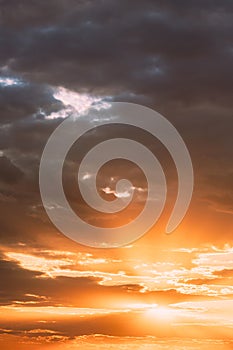 Sunshine In Sunrise Bright Dramatic Sky. Scenic Colorful Sky At Dawn. Sunset Sky Natural Abstract Background