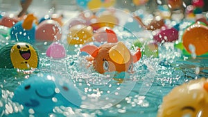 Sunsoaked pool party in full swing vibrant inflatable toys dotting the water laughter and splashes filling the air