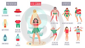 Sunstroke infographic. Female character heatstroke suffering, summer sunstroke symptoms and prevention infographic photo