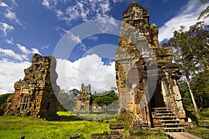 The Suor Prat Towers in the Angkor Thom temple complex near Siem Reap, Cambodia