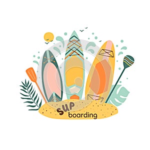 Sup boards paddle boarding on the beach. Sup boarding text. Summer water sport isolated graphic element in vector