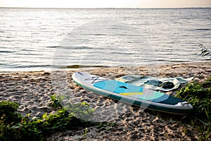 sup paddle board on the lake coast