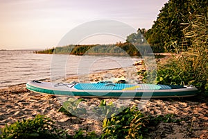 sup paddle board on the lake coast