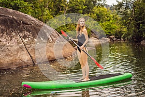 SUP Stand up paddle board woman paddle boarding on lake standing happy on paddleboard on blue water. Action Shot of