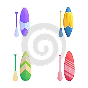 Sup surfing icons set cartoon vector. Various inflatable sup board with paddle