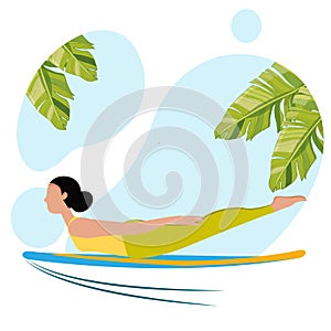 sup surfing, meditation, yoga vector illustration. Hand drawn vector cartoon summer time fun beach girls