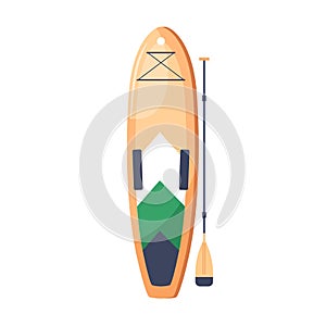 SUP water board with paddle. Standup paddleboarding, summer beach sport activity. Long stand-up surfboard with rounded