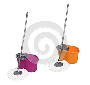 Super absorbent microfiber spin mop with purple and orange colored bucket set.