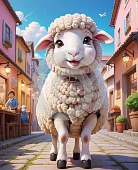 A super adorable anthropomorphic little lamb, wearing a smile, looking at you.