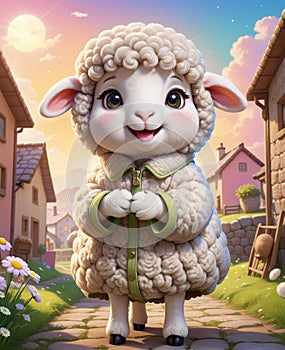 A super adorable anthropomorphic little lamb, wearing a smile, looking at you.