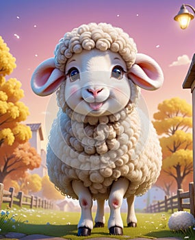 A super adorable anthropomorphic little lamb, wearing a smile, looking at you.