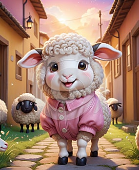 A super adorable anthropomorphic little lamb, wearing a smile, looking at you.