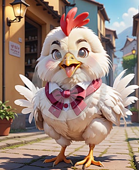 A super adorable personified little chicken, smiling, looking at you.