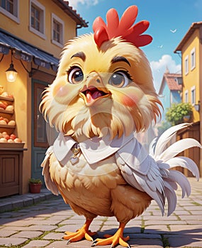 A super adorable personified little chicken, smiling, looking at you.