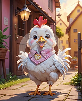 A super adorable personified little chicken, smiling, looking at you.