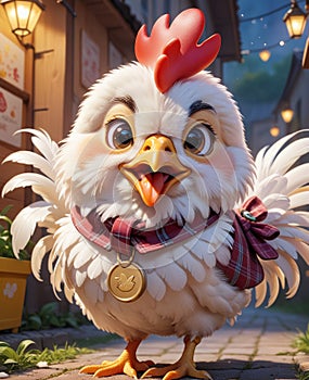 A super adorable personified little chicken, smiling, looking at you.