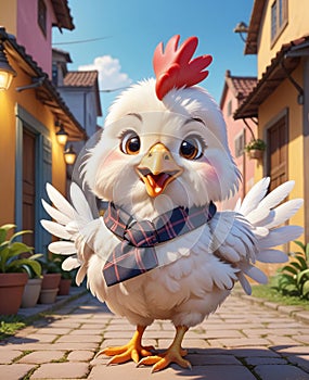A super adorable personified little chicken, smiling, looking at you.