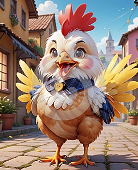 A super adorable personified little chicken, smiling, looking at you.