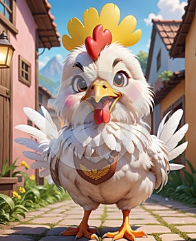 A super adorable personified little chicken, smiling, looking at you.