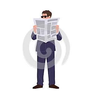 Super agent undercover flat cartoon character reading newspaper and spying on suspect criminal