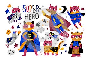Super animals. Childish funny characters, heroes in bright heroic costumes, capes and masks, comic outfits. Little goose