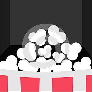 Super Big Popcorn Icon. Red White Strip Box. Movie theater Cinema screen in flat design style. Black background.