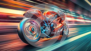 A super bike speeds away from the camera, vibrant colors popping. The environment blurs in motion.