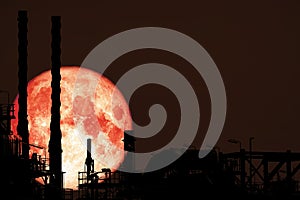 super blood moon back on silhouette refinery oil industry night sky