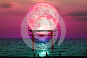 super blood moon silhouette torii wooden Japanese pillar stand o