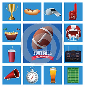 super bowl american football sport lettering with ball and set icons