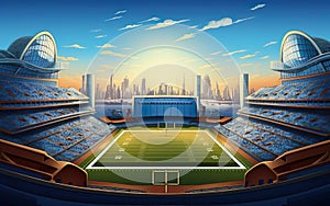 Super bowl graphic poster. American football stadium background for sport event banner, city skyline. AI Generative