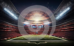 Super bowl graphic poster. American football stadium background for sport event banner in the evening. Empty field. Rugby