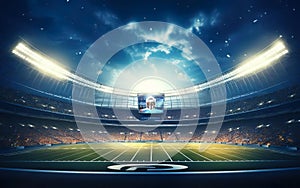 Super bowl poster. American football stadium background for sport event banner full of people at night with clouds and light