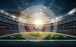 Super bowl poster. American football stadium background for sport event banner at golden hour with backlight. Rugby championship