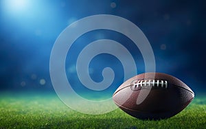 Super bowl poster. Banner with American football isolated on dark green and blue background. Rugby ball on the stadium field grass