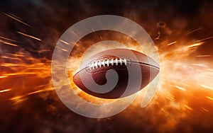 Super bowl poster. Traditional American football icon burning on dark background. Rugby ball in the space. Fire motion rays
