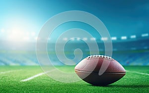 Super bowl poster. Traditional American football isolated on green and blue background. Rugby ball on the stadium field
